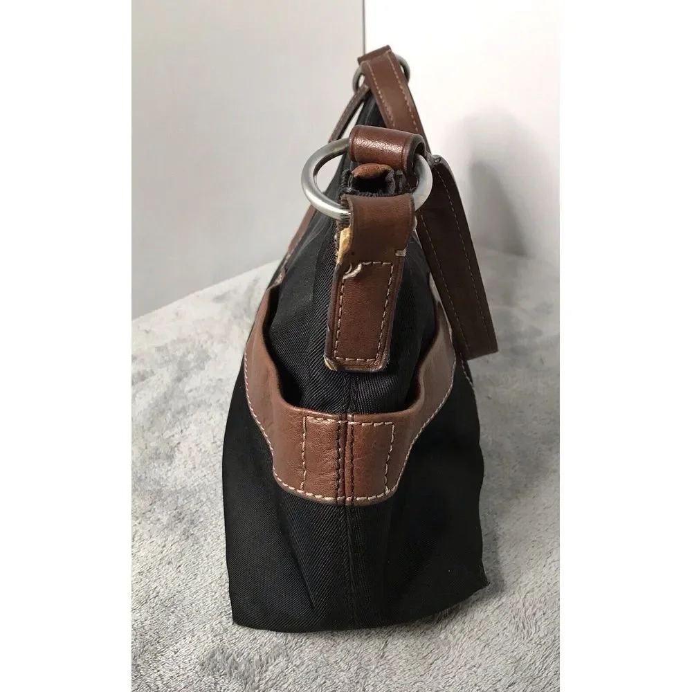 Fossil‎ Tan Black Nylon Leather Trim Shoulder Bag Handbag Hobo Purse READ